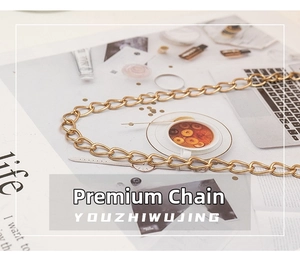 Detailed close-up of premium light gold metal handbag chain strap on magazine background
