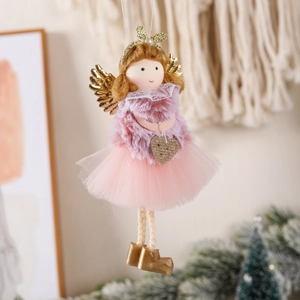 Pink Christmas angel ornament with golden wings and sequin heart for holiday tree decor