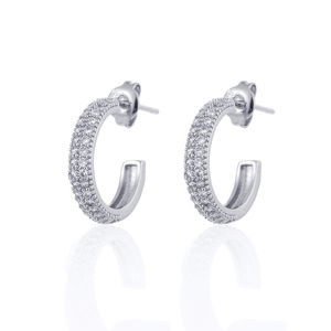 Close-up of S925 sterling silver C-shaped stud earrings featuring sparkling cubic zirconia