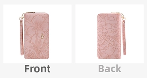Detailed front and back views of a pink embossed floral wallet with rhinestone bear charm