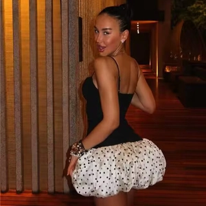 Sexy V-neck backless polka dot puff dress with black bodice and white voluminous skirt
