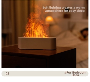 Detail view of white ultrasonic aromatherapy humidifier with realistic 3D flame light effect