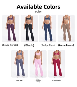 Detailed grid showing seven color options of yoga sets with criss-cross V-waistband