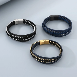 Men's multilayer braided leather bracelet with stainless steel magnetic clasp in three colors