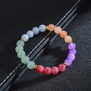 8mm natural stone yoga bead bracelet with colorful crystals and gold spacers on black leather