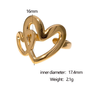 Detail view of gold heart ring with dimensions 17.4mm diameter and 2.1g weight
