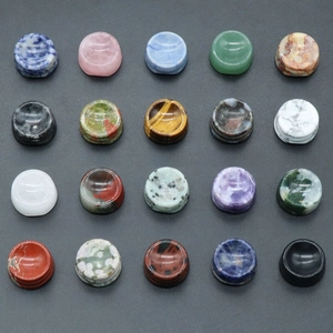 Grid display of 20 natural crystal ball bases including Amethyst, Tiger Eye, and Rose Quartz