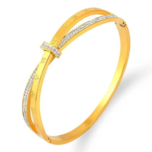 Detail view of gold stainless steel bangle with roman numerals and pave set crystals