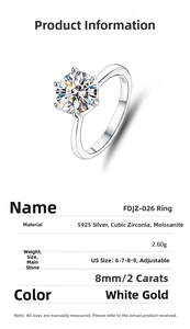 Detail view of 2ct Moissanite S925 silver ring with 6-prong setting and adjustable band