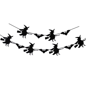 Halloween banner featuring black witch and bat silhouettes for spooky party decoration