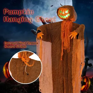 Hanging pumpkin ghost with glowing head and mesh fabric for Halloween garden party decor