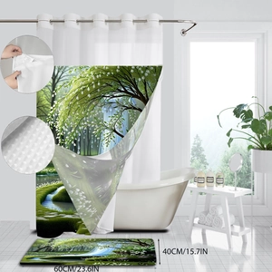 Detail of forest print shower curtain with metal eyelets and anti-slip bath mat dimensions