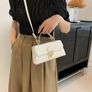 Minimalist white small square bag with gold handle and metal buckle for women