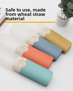 Detailed view of portable wheat straw cutlery cases in four pastel colors with slide lids