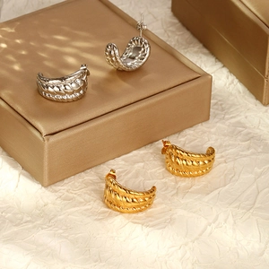 Twisted C-shape earrings in gold and silver stainless steel finish on elegant packaging