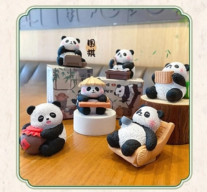 Detailed set of 6 Chinese style resin panda figurines for car and desk decoration