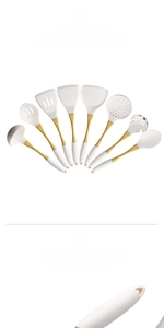 Close-up of premium 8-piece kitchen tool set with white silicone heads and gold handles