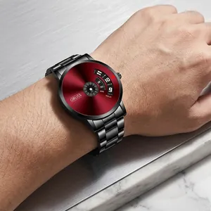 ORUSS Men's Automatic Watch with Black Steel Band and Red Dial Display on Leather Background