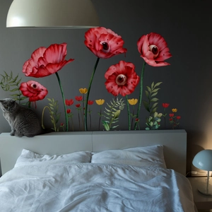 Detailed surrealist red poppy flower wall decal with eyeball centers on dark bedroom wall