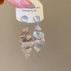 Hollow Leaf Drop Earrings With Cat Eye Stone And Silver Earring Post Elegant Long Tassel Jewelry For Women