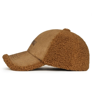 Brown lamb wool baseball cap with INK embroidery and suede fabric for winter warmth