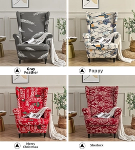 Detail of four floral and festive printed patterns on elastic wingback chair covers