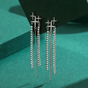 Elegant S925 sterling silver long tassel earrings with sparkling starburst zircon studs