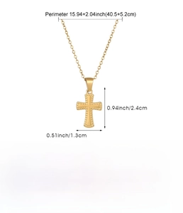 Detailed size specifications for a gold stainless steel cross pendant necklace on white background
