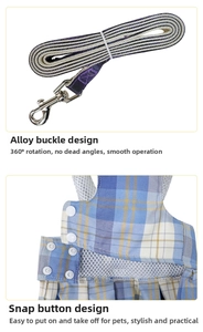 Detail of pet harness with 360-degree alloy swivel hook and breathable blue plaid mesh