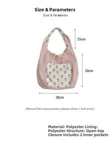 Dimensions détaillées du grand sac cabas à carreaux roses et nœud rouge élégant