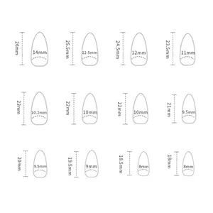 Size chart detail for 12 sizes of almond press-on nails with width and length dimensions