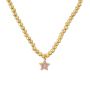 Gold beaded necklace with a pink star pendant and sparkling crystal accents on white background