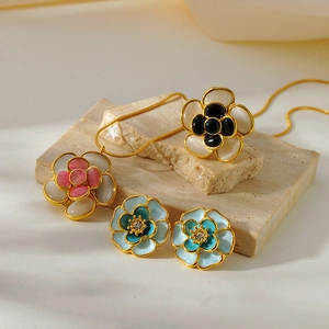 Gold stainless steel necklace and floral cat eye stone earrings jewelry set for women