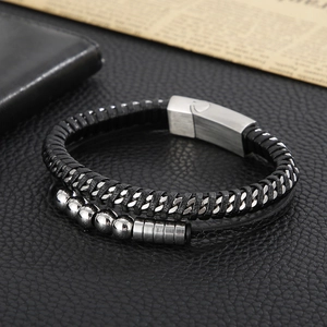 Men's punk multi-layer braided black leather bracelet with silver steel beads and magnet clasp