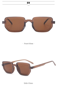 Detailed front and side views of vintage square sunglasses in translucent amber brown
