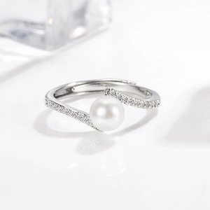 Elegant Artificial Pearl Ring For Women Criss Cross Copper Adjustable Open Finger Ring Minimalist Fashion Zirconia Inlaid Jewelry