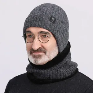 Men's winter knit beanie hat and fleece lined neck warmer set in dark grey marl