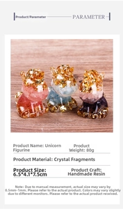 Detailed specs of 80g resin unicorn figurines with crystal stones and gold foil inserts