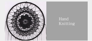 Detailed close-up showing the intricate hand-knitted patterns of this black dream catcher