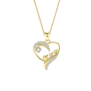 Golden heart necklace featuring three elephants and sparkling zircon on a white background
