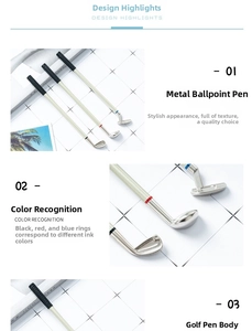 Detailed view of metal golf club pens with color-coded rings for ink identification