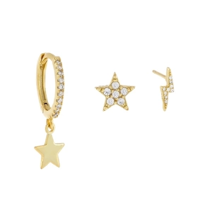 Detailed view of 3-piece gold earring set with star and lightning charms and zircons