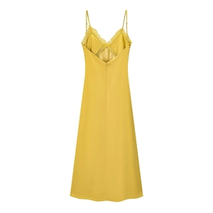 Yellow satin midi slip dress with lace trim and elegant low back view on white background