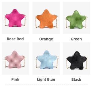 Detail view of colorful star-shaped PVC crossbody bags with bubble texture and chain straps