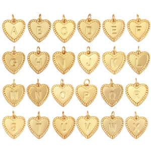 Detailed grid of gold-plated heart-shaped alphabet pendants with micro-set zircon