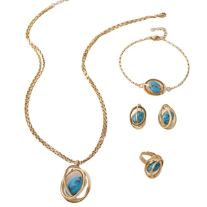 Elegant gold jewelry set with blue turquoise stones including necklace, bracelet and ring