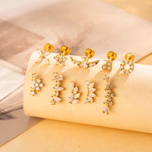 Gold stainless steel stud earrings set with crystal zirconia in heart and star shapes