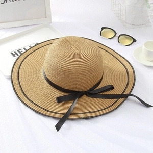 Women Wide Brim Straw Sun Hat With Black Ribbon Bow Foldable Summer Beach Vacation Elegant Paper Straw Breathable