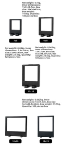 Detailed size chart for PE film floating display boxes showing various product dimensions