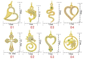 Detailed size chart for micro-pave gold pendants with heart and animal motifs